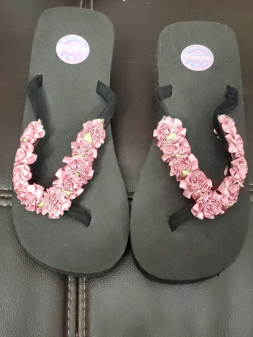 Women's Black Flip Flops with Pink Floral Straps